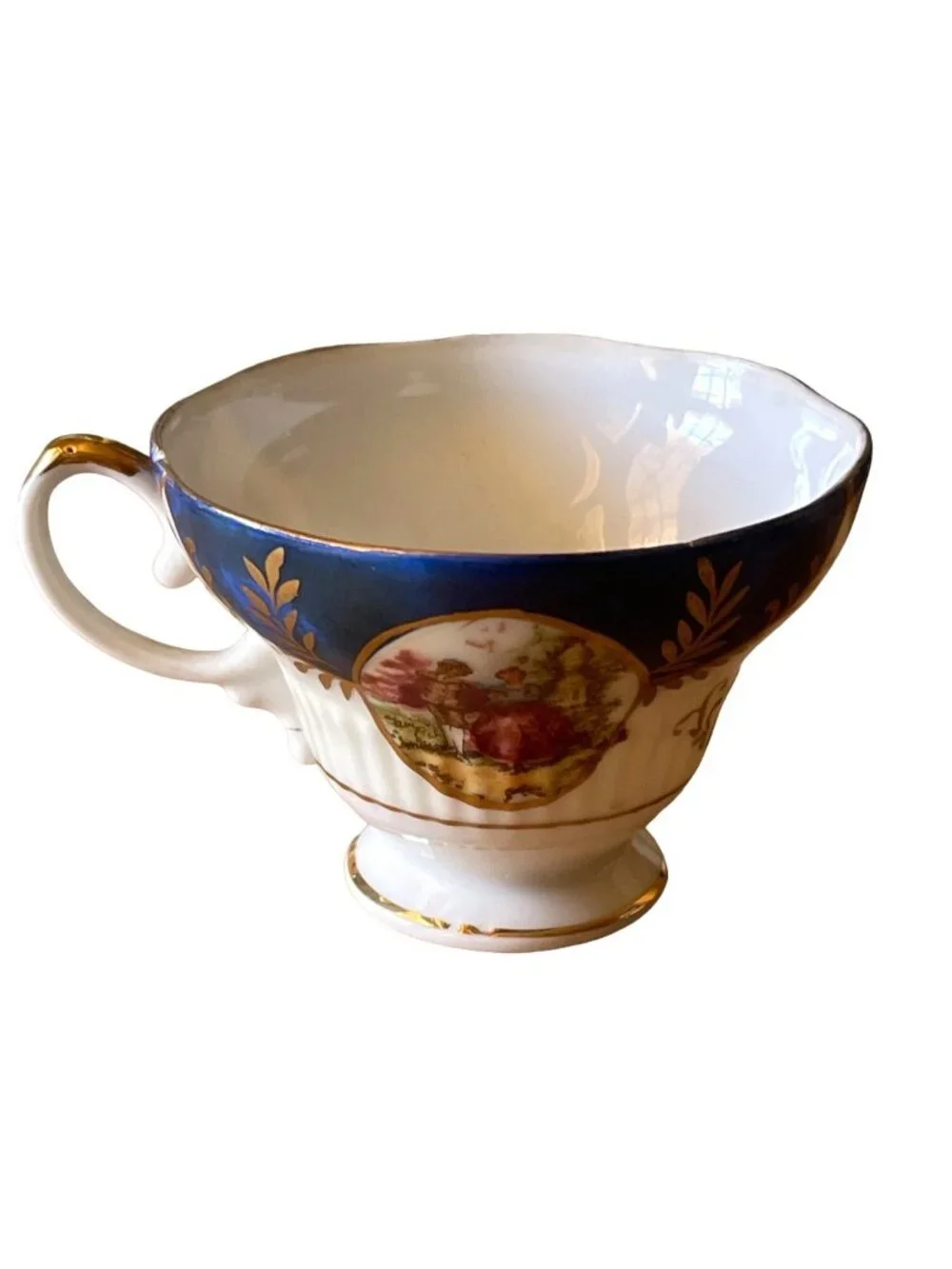 Vintage Cobalt Blue and Gold Teacup Saucer Set Courting Couple Fragonard Style